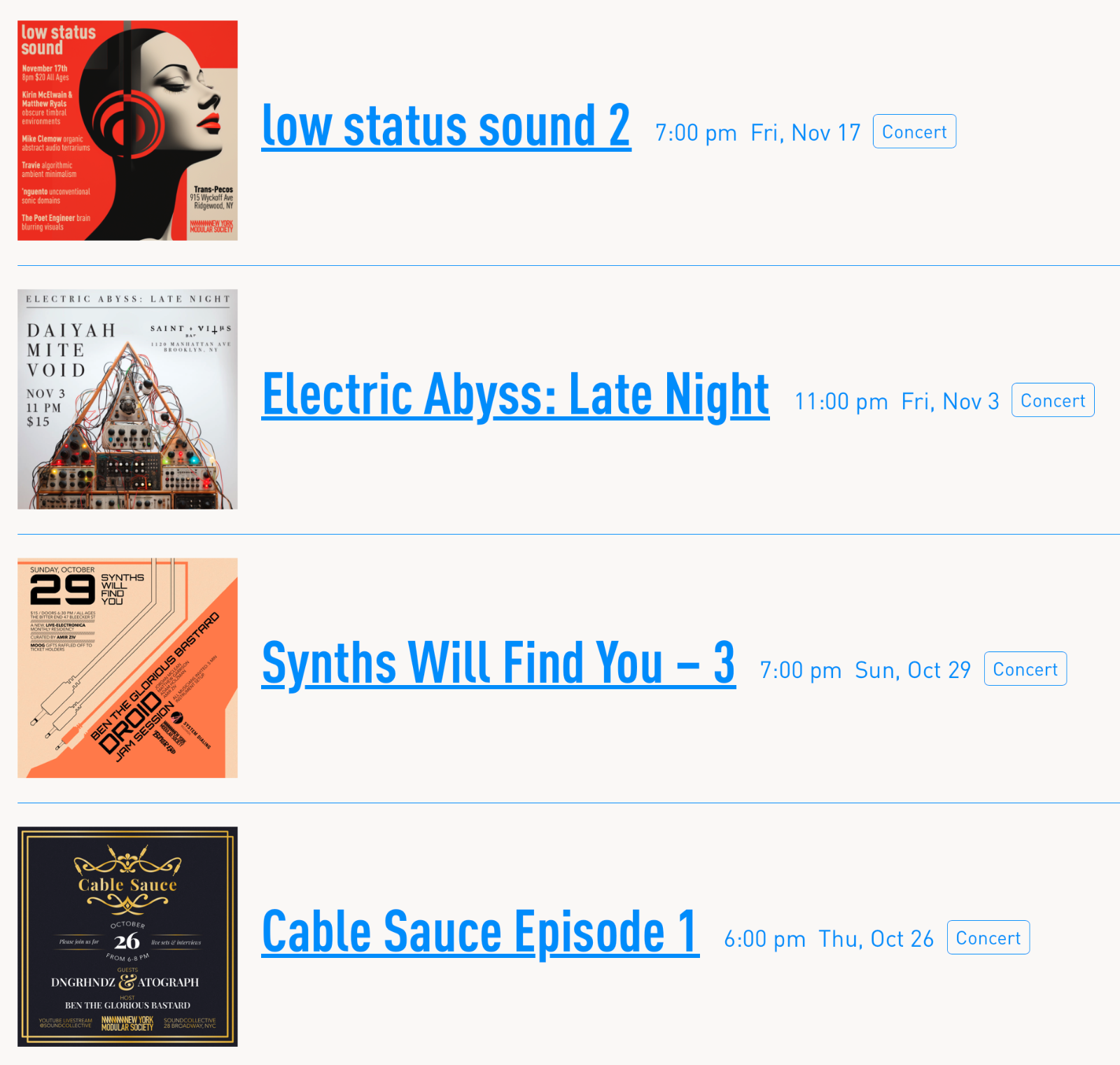 Example of a list venue calendar